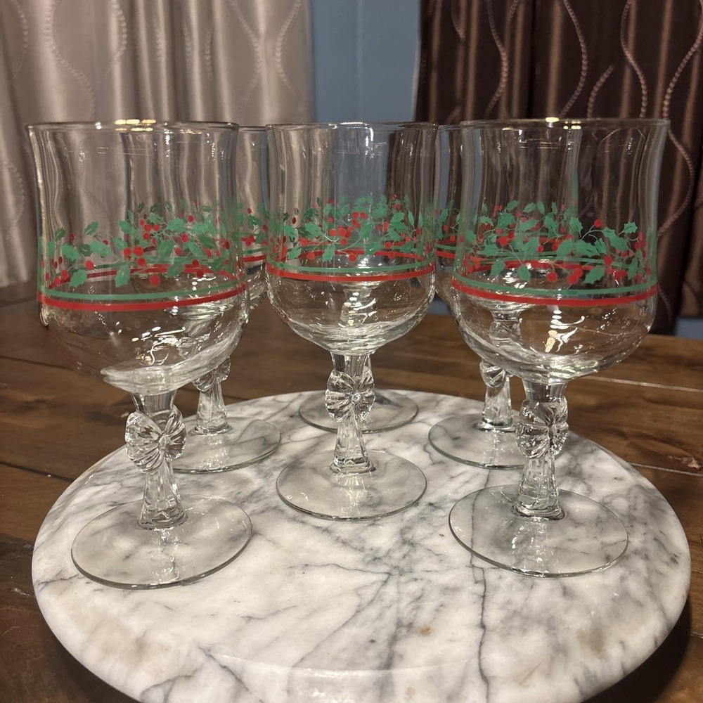 6pc VTG Libbey Arby's Holly Berry Christmas Water Glass Goblets Ribbons Bow Stem